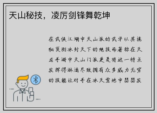 天山秘技,凌厉剑锋舞乾坤 天山秘技,凌厉剑锋舞乾坤