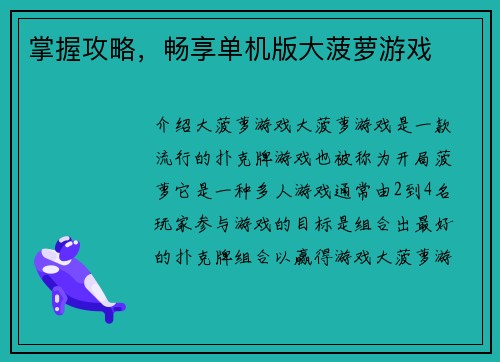 掌握攻略,畅享单机版大菠萝游戏 掌握攻略,畅享单机版大菠萝游戏